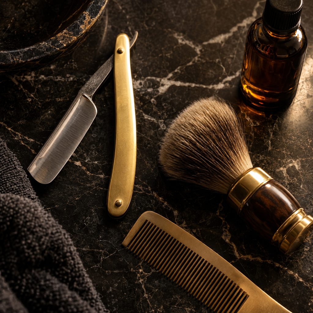 Gold straight razor, shaving brush and comb on black marble
