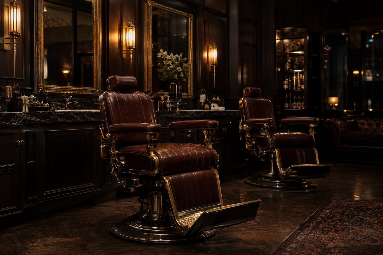 Dark barbershop lounge with leather chairs and brass lamps